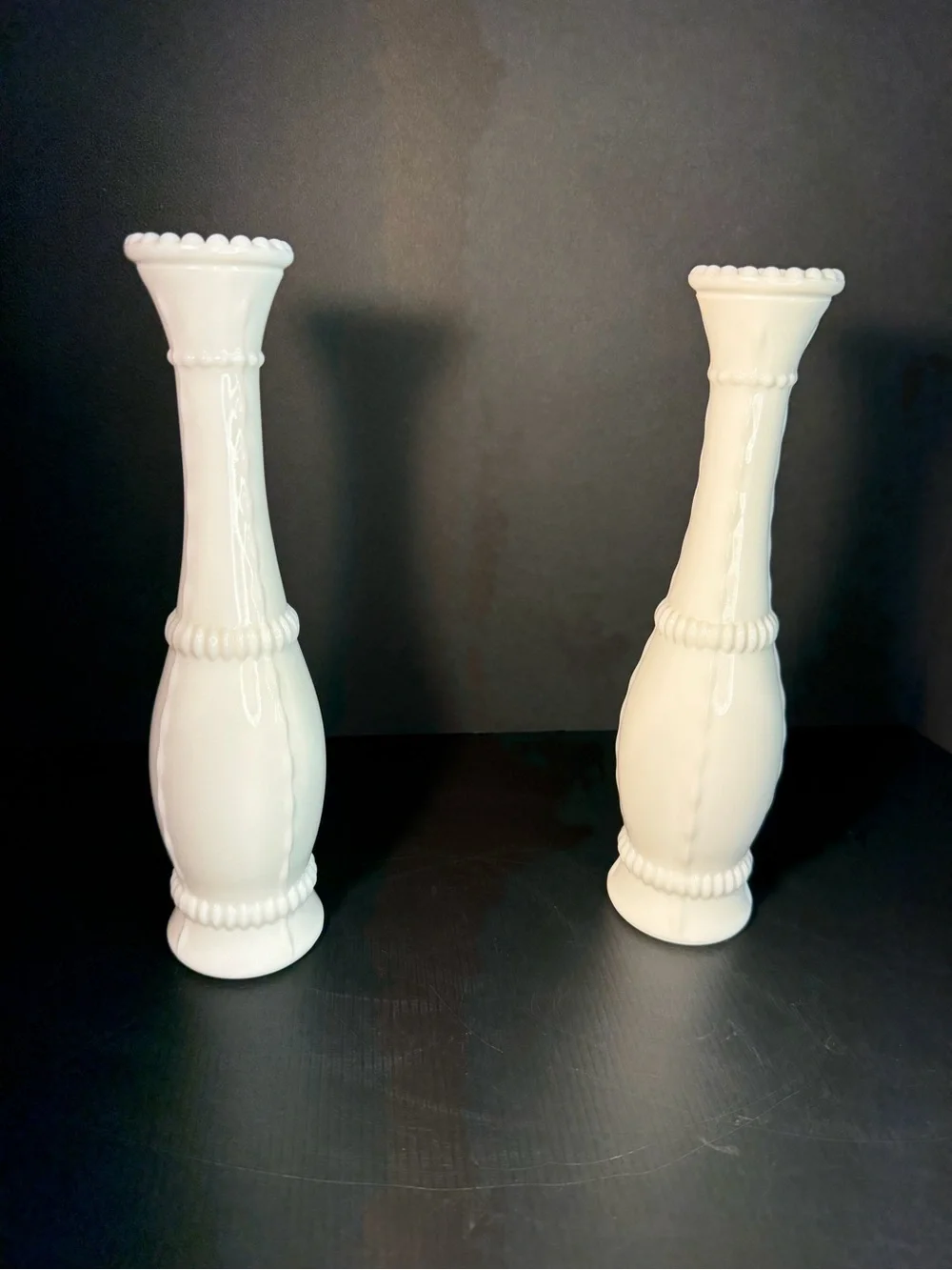Vintage MCM Anchor Hocking White Milk Glass Bud Vases, Bead and Stitch Pair